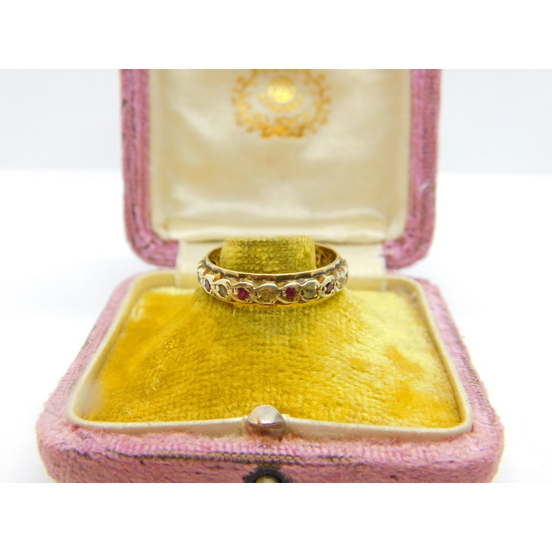 9ct Yellow Gold Full Eternity Ring Set with Ruby & Paste Stones Vintage 1993
