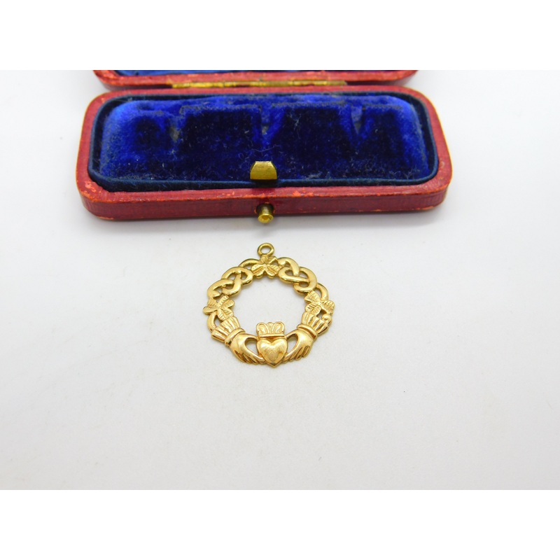 9ct Yellow Gold Irish Claddagh Sweetheart Drop Pendant Vintage c1990