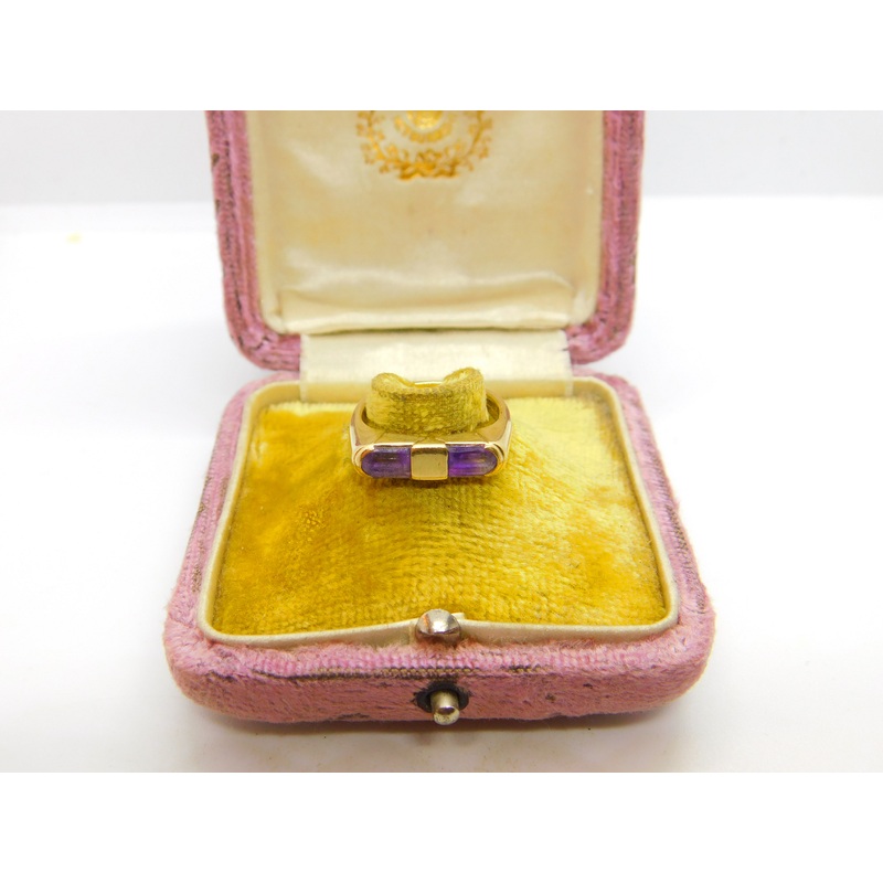 9ct Yellow Gold Modernist Baguette Cut Amethyst Ring 1989 Edinburgh Vintage