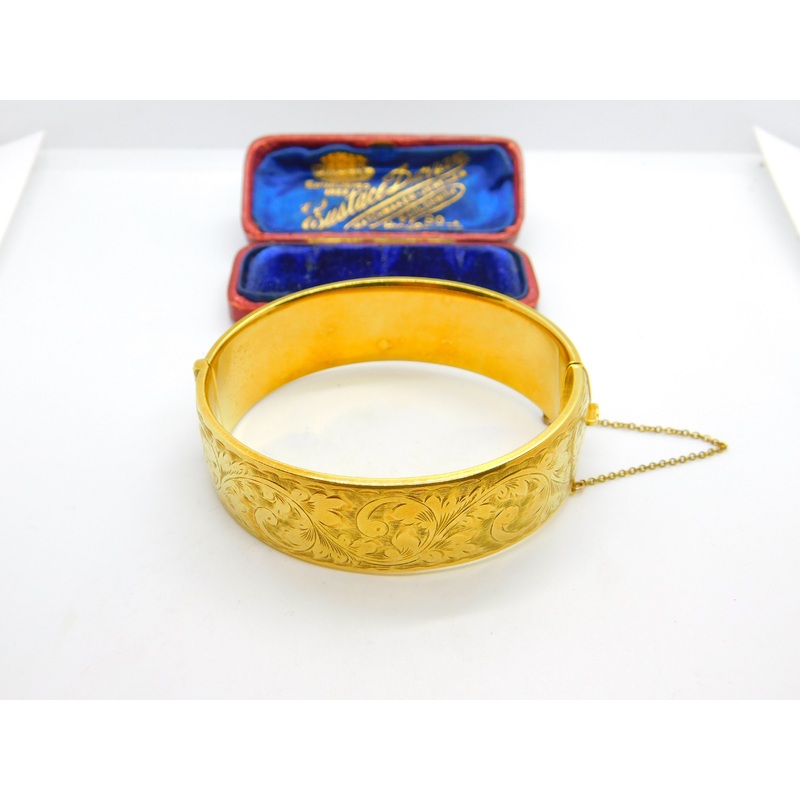 9ct Yellow Gold on Metal Core Floral Cuff Bangle Antique c1930 Art Deco