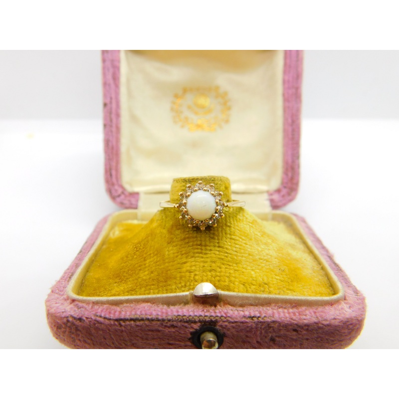 9ct Yellow Gold, Opal & White Topaz Floral Cluster Ring 1967 London Vintage