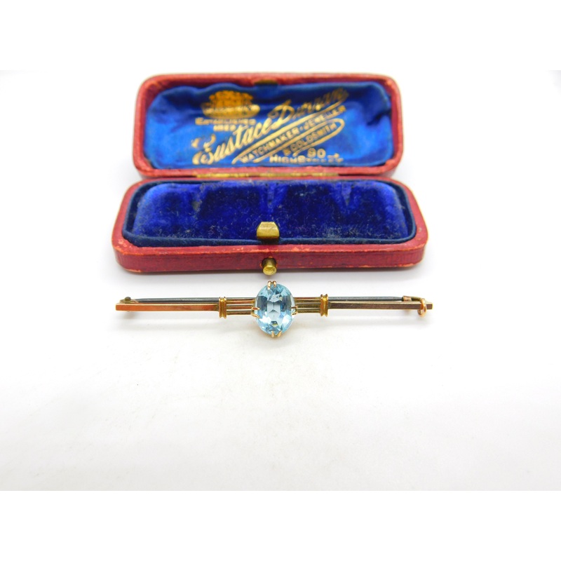 9ct Yellow Gold & Royal Blue Topaz Set Bar Brooch Antique c1920 Art Deco