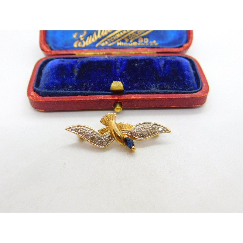9ct Yellow Gold, Sapphire & Bird Bird in Flight Brooch 1990 London Vintage
