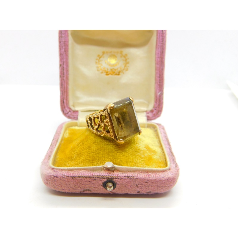 9ct Yellow Gold Textured Bark Pattern Smoky Quartz Cocktail Ring c1970 Vintage
