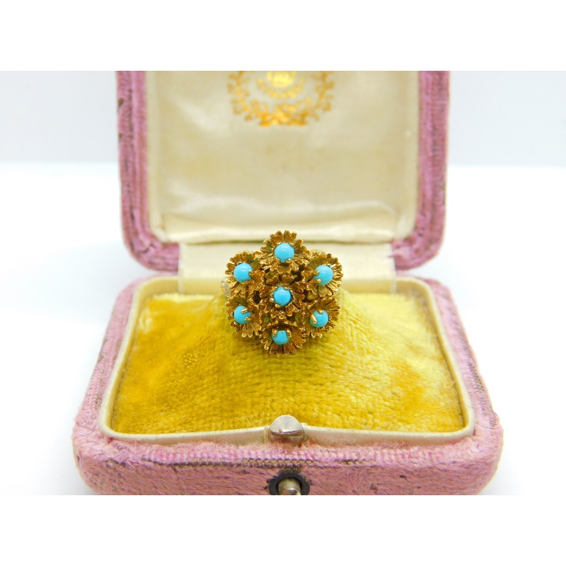 9ct Yellow Gold Turquoise Set Victorian Style Floral Ring 1971 London