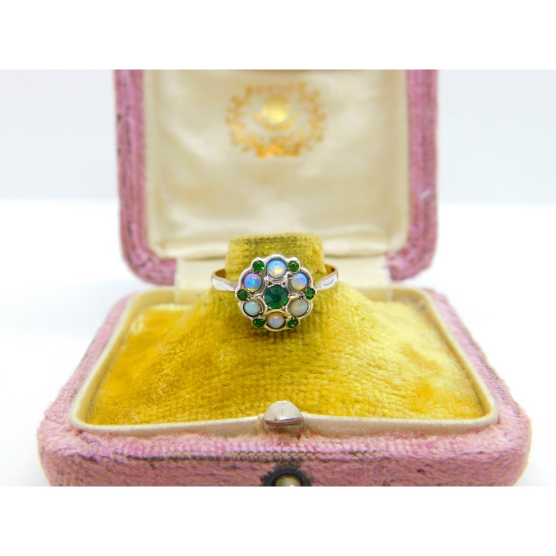 9ct Yellow Gold, Water Opal & Emerald Paste Set Floral Cluster Ring Antique
