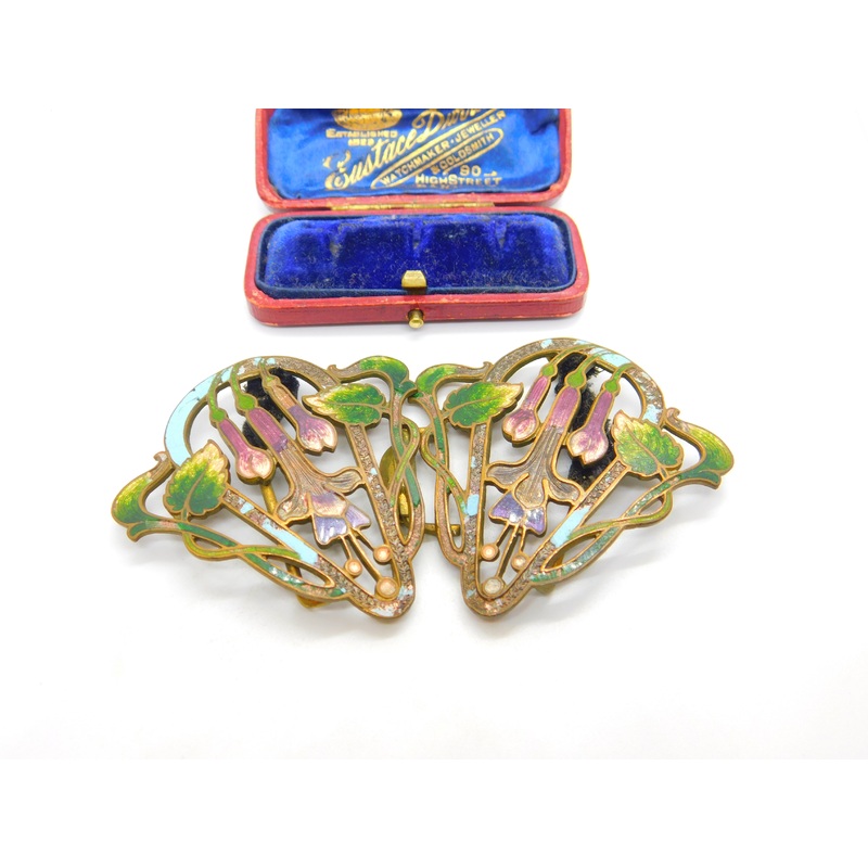 Art Nouveau Victorian Gilt Metal Colourful Enamel Floral Nurses Buckle c1860