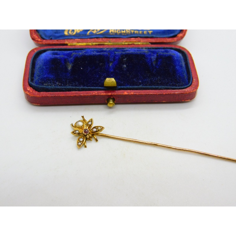 Edwardian 15ct Gold, Seed Pearl & Ruby Set Insect Bug Stick Pin c1910 Antique