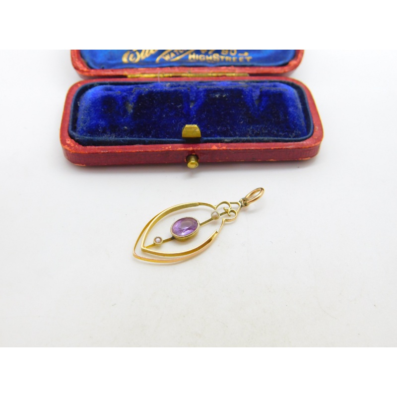 Edwardian 9ct Gold, Seed Pearl & Amethyst Drop Pendant c1910 Antique