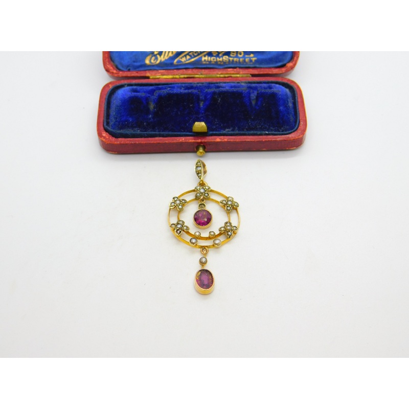 Edwardian 9ct Gold, Seed Pearl & Garnet Lavalier Drop Pendant c1910 Antique