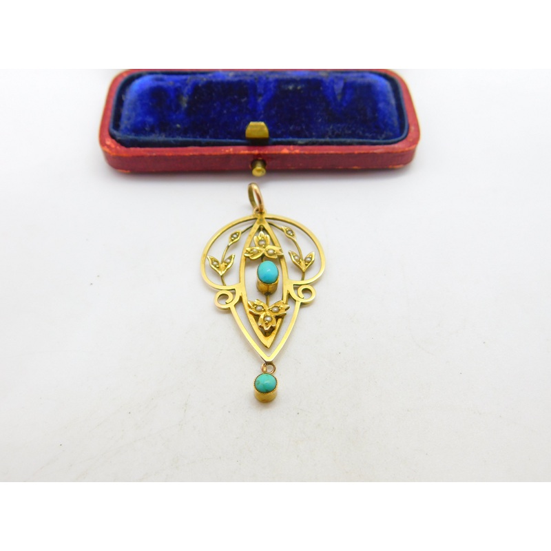 Edwardian 9ct Gold, Turquoise & Seed Pearl Lavalier Drop Pendant c1910 Antique