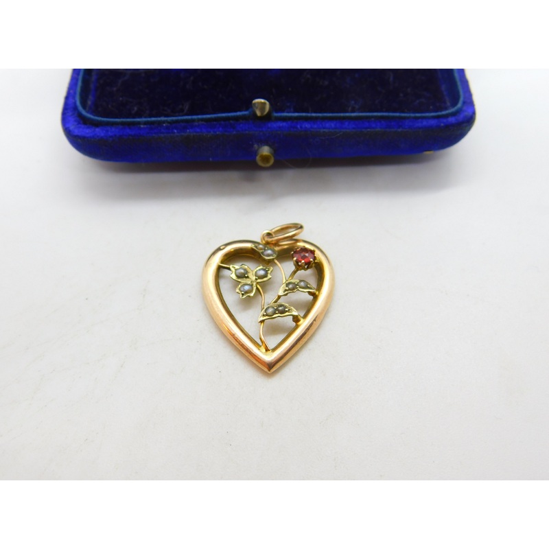 Edwardian 9ct Rose Gold, Seed Pearl Garnet Heart Drop Pendant c1910