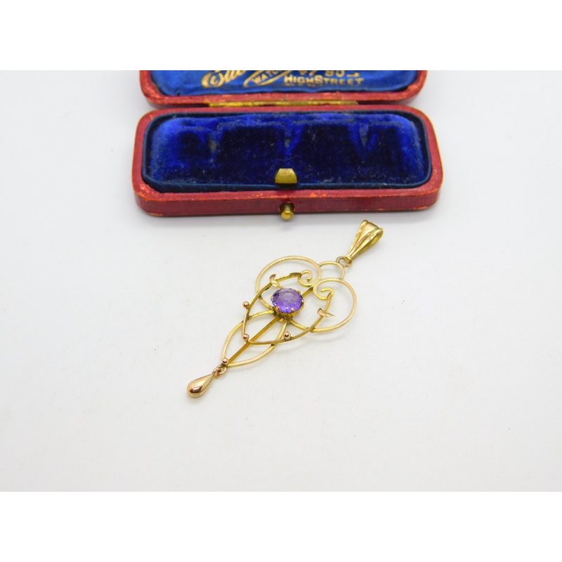Edwardian 9ct Yellow Gold, Amethyst Set Lavalier Drop Pendant c1910 Antique