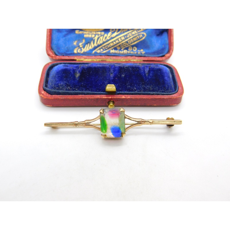 Edwardian 9ct Yellow Gold & Colorful Crystal Set Bar Brooch Antique c1910 London
