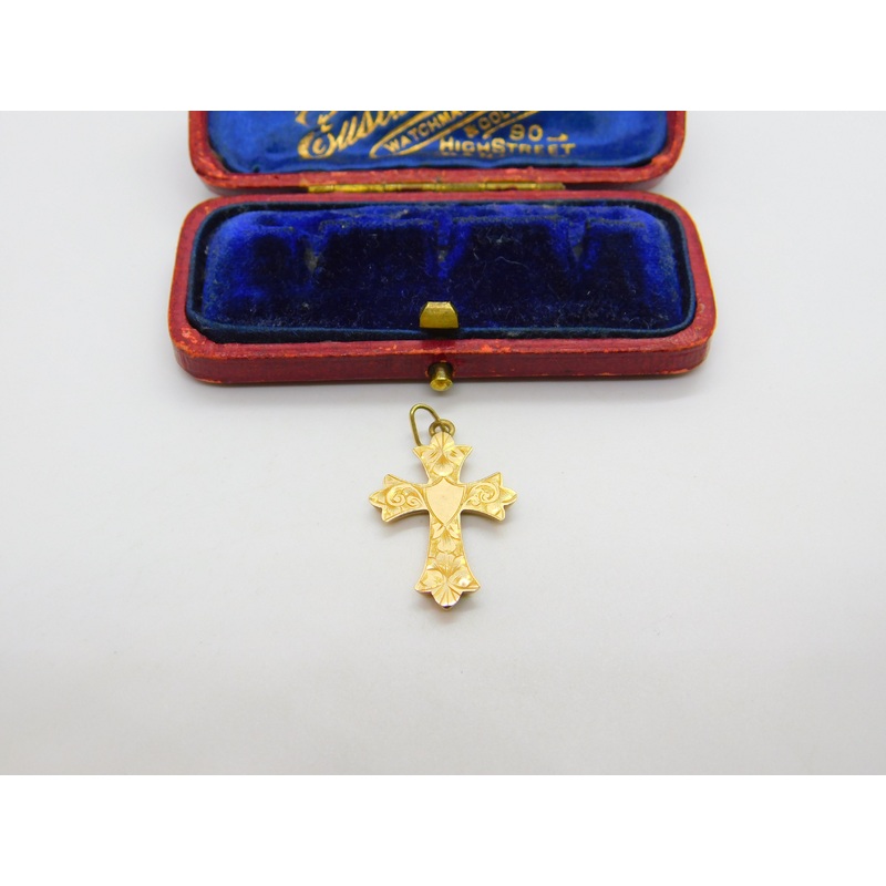 Edwardian 9ct Yellow Gold Floral Pattern Cross Pendant 1904 Birmingham Antique