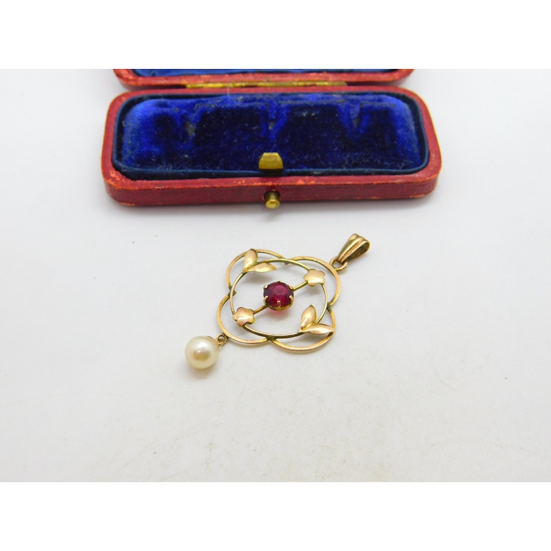 Edwardian 9ct Yellow Gold, Garnet & Pearl Drop Lavalier Pendant c1910 Antique