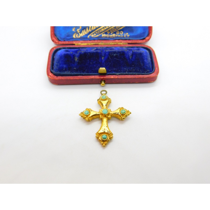 Georgian Rolled Gold & Turquoise Cross Pendant c1830 Antique Regency