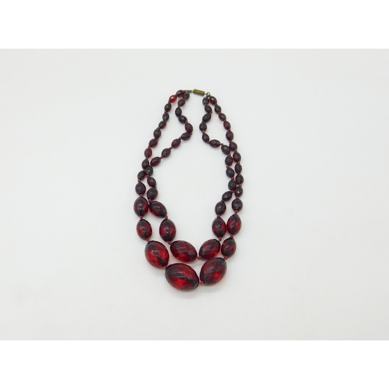Graduated Faceted Cherry Amber Bakelite Double Strand Necklace Antique c1920
