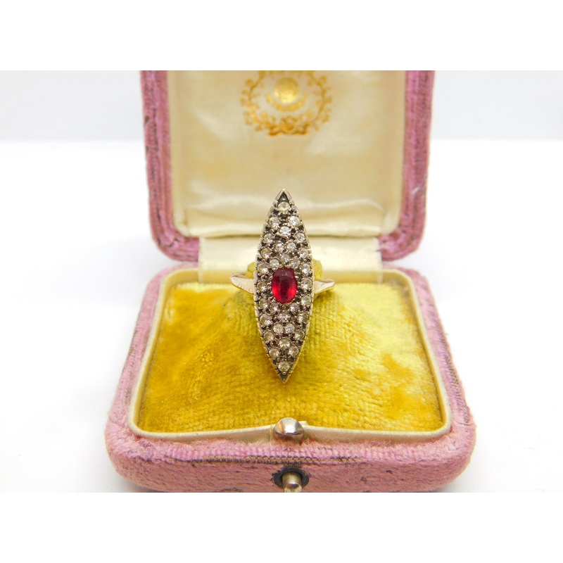 True Deco 9ct Rose Gold, Red-White Paste Stone Marquise Form Shield Ring c1930