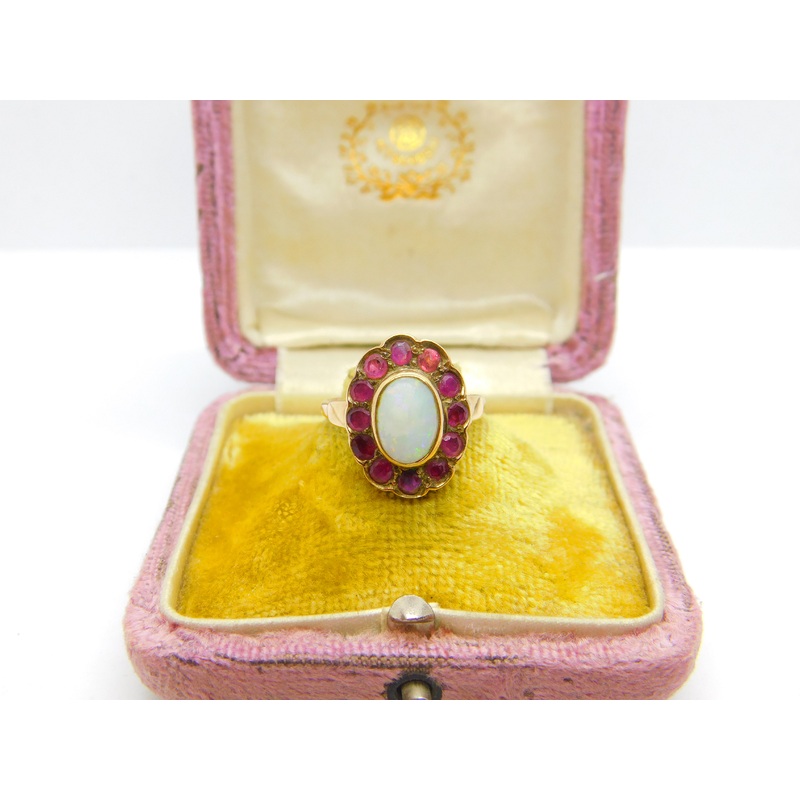 Victorian 14ct Gold, Cabochon Opal & Ruby Floral Ring c1860 Antique