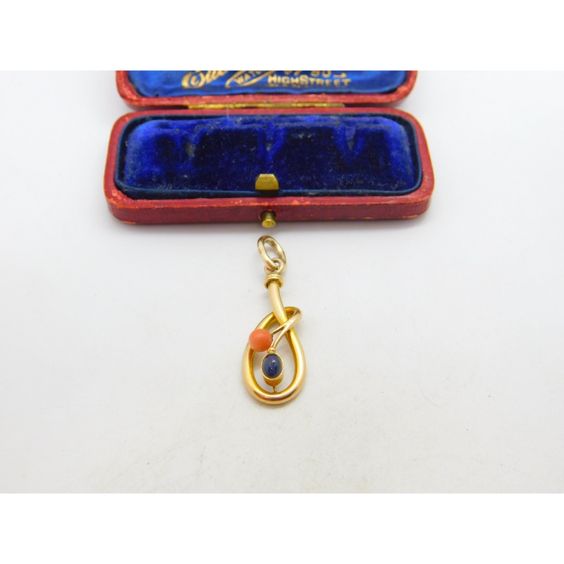 Victorian 15ct Gold, Coral & Cabochon Sapphire Art Nouveau Drop Pendant c1900