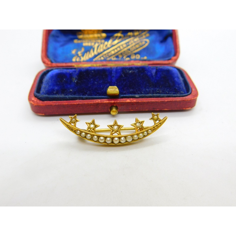 Victorian 15ct Gold Seed Pearl Set Crescent & Star Sweetheart Brooch c1860