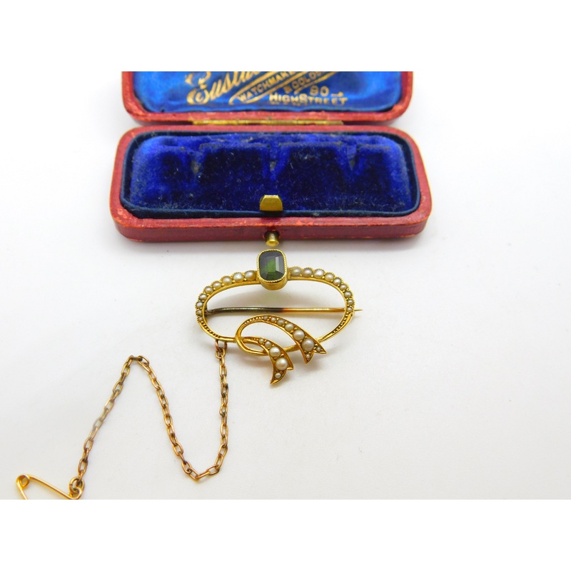 Victorian 15ct Gold, Tourmaline & Seed Pearl Swirl Sweetheart Brooch c1860