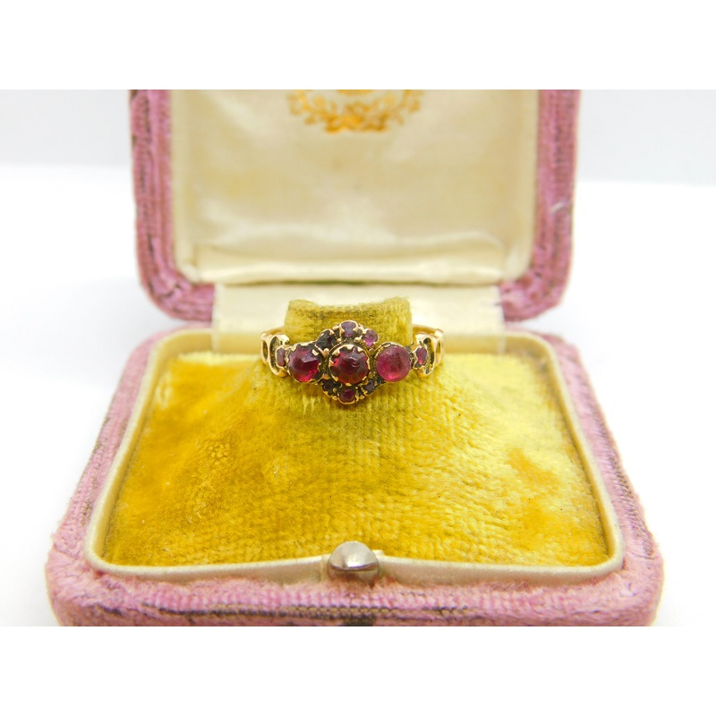 Victorian 15ct Yellow Gold, Almandine Garnet Floral Ring 1867 Birmingham Antique