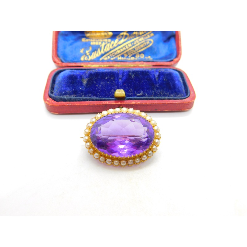 Victorian 15ct Yellow Gold, Amethyst & Pearl Set Sweetheart Brooch c1890