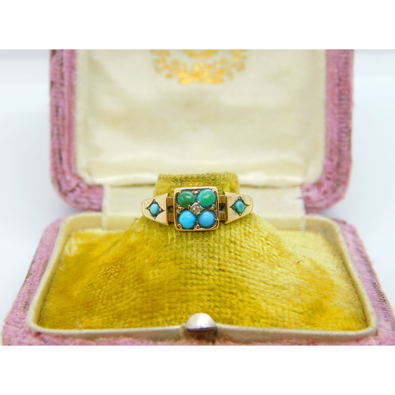 Victorian 15ct Yellow Gold, Turquoise & Diamond Ring 1876 Birmingham Antique