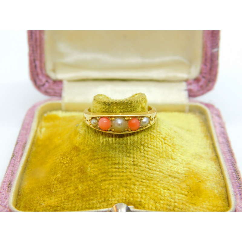 Victorian 18ct Yellow Gold, Red Coral & Seed Pearl Boat Ring c1880 Antique