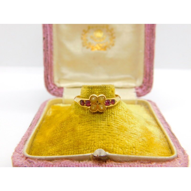 Victorian 18ct Yellow Gold, Seed Pearl & Ruby Floral Ring 1891 Birmingham