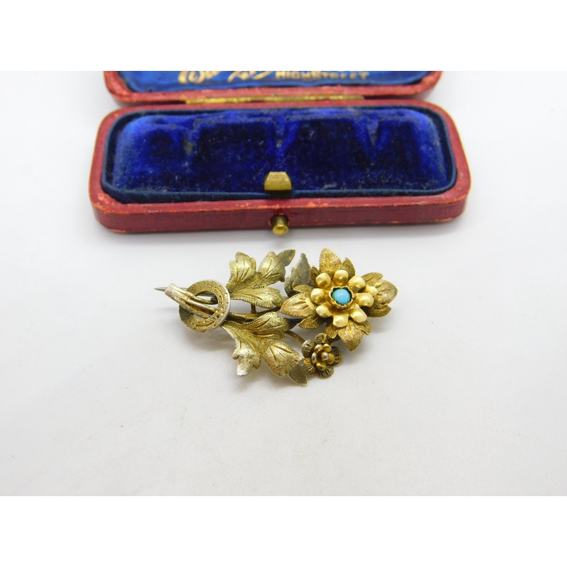 Victorian 9ct Yellow Gold, Turquoise Set Floral Sweetheart Brooch c1880 Antique
