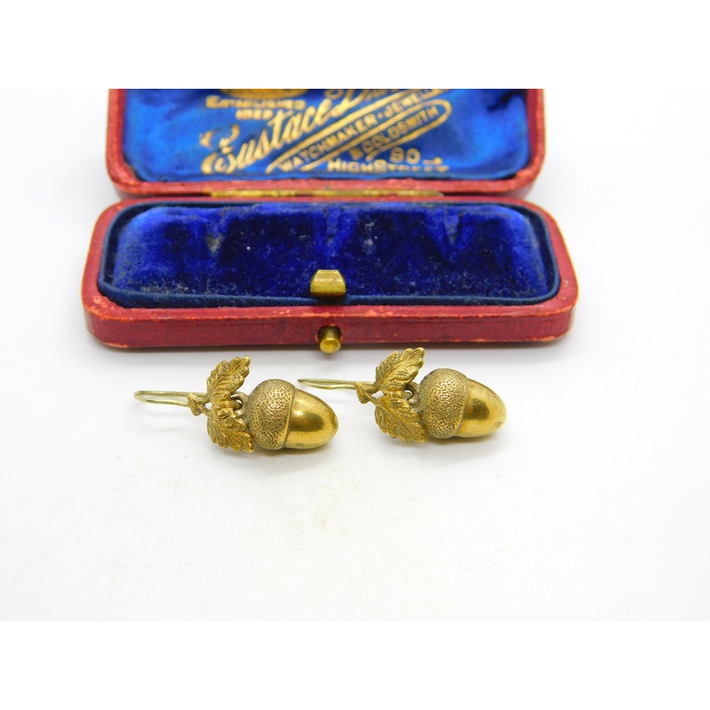 Victorian Gilt Metal Acorn Leaf Lucky Drop Hook Earrings Antique c1860