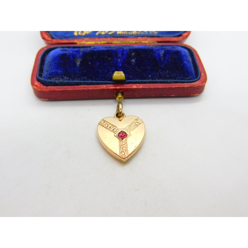 Victorian Gold Plated Heart Shaped Sweetheart Pendant with Ruby Paste c1900