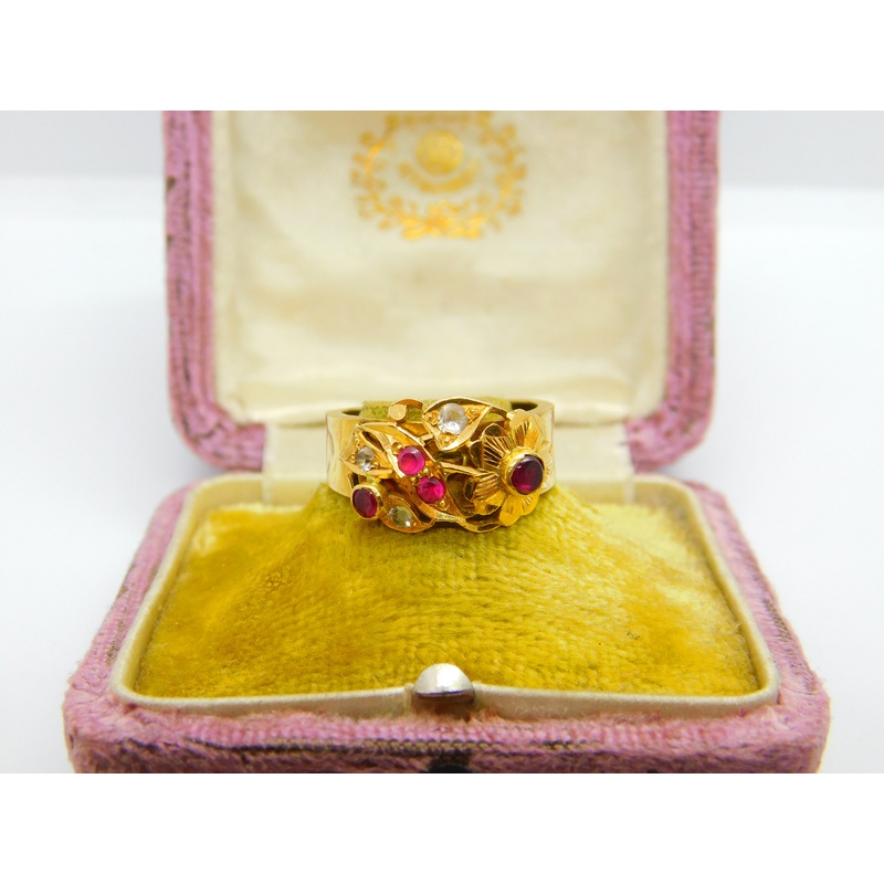 Victorian Indian 22ct Yellow Gold, Ruby & Diamond Floral Ring Antique c1900
