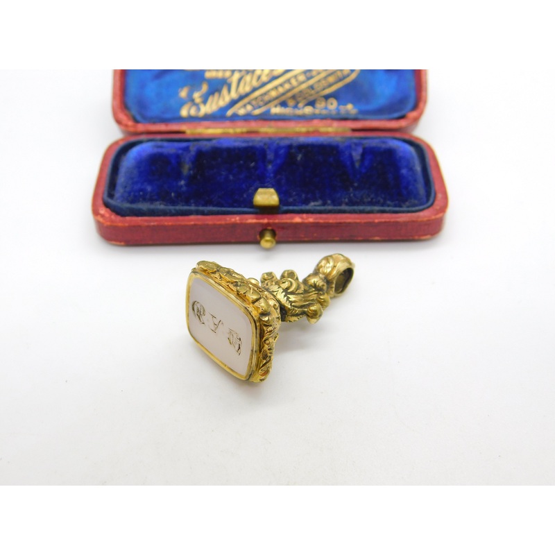 Victorian Rolled Gold Carved Chalcedony Monogram Fob Seal c1860 Antique
