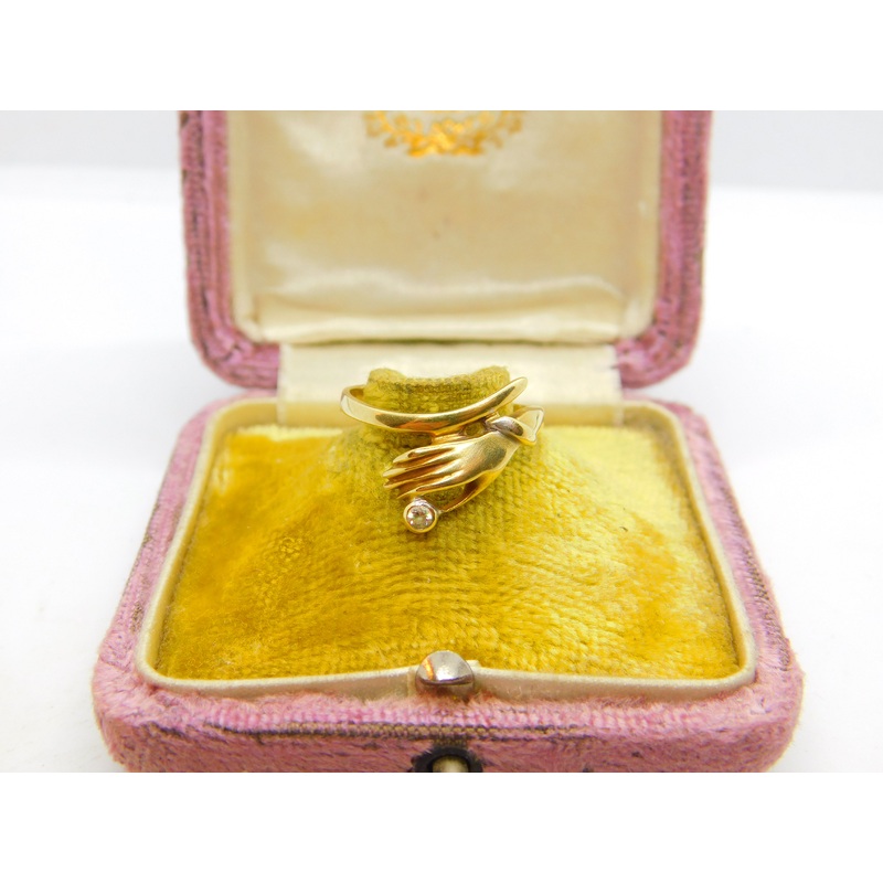 14ct Yellow Gold & White Spinel Set Hand Figa Dress Ring Vintage c1980