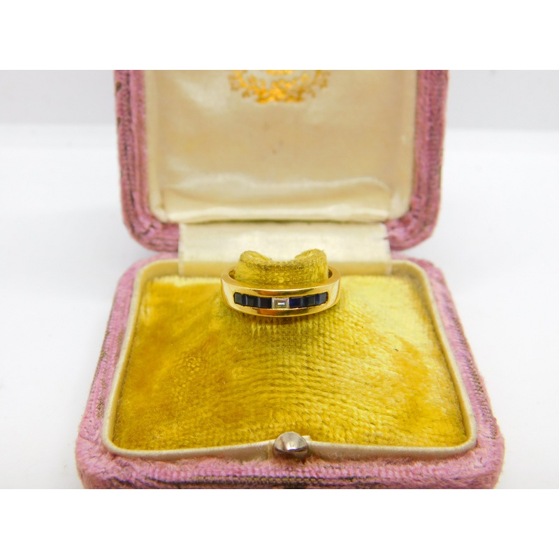 18ct Yellow Gold, Baguette Cut Diamond & Sapphire Boat Ring Vintage c1990
