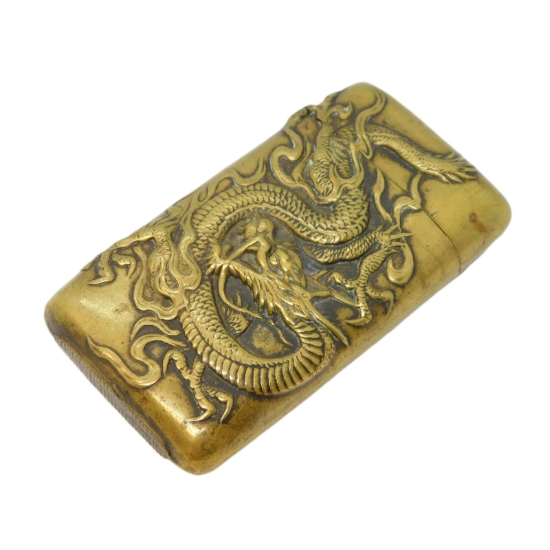 19th Century Chinese Brass Dragon Pattern Vesta Case Antique c1890