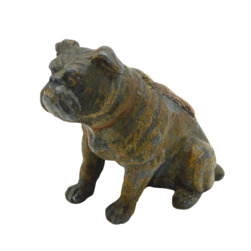 19th Century Cold Painted Spelter Novelty Bulldog Pin Cushion Antique c1860
