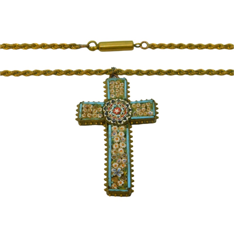19th Century Italian Gilt Metal Floral Micro Mosaic Cross Pendant Necklace c1860