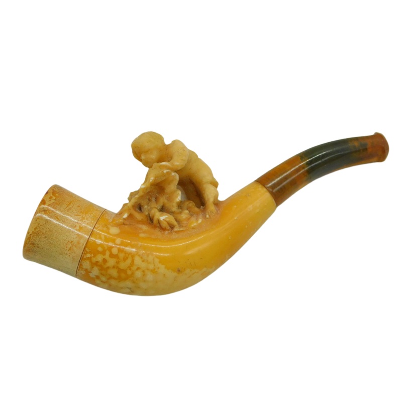 19th Century Novelty Meerschaum Block Amber Playing Child Pipe Antique c1880