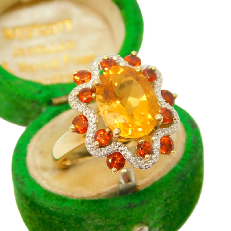9ct Gold, Citrine, Garnet & Diamond Set Floral Ring Vintage 2005 Birmingham