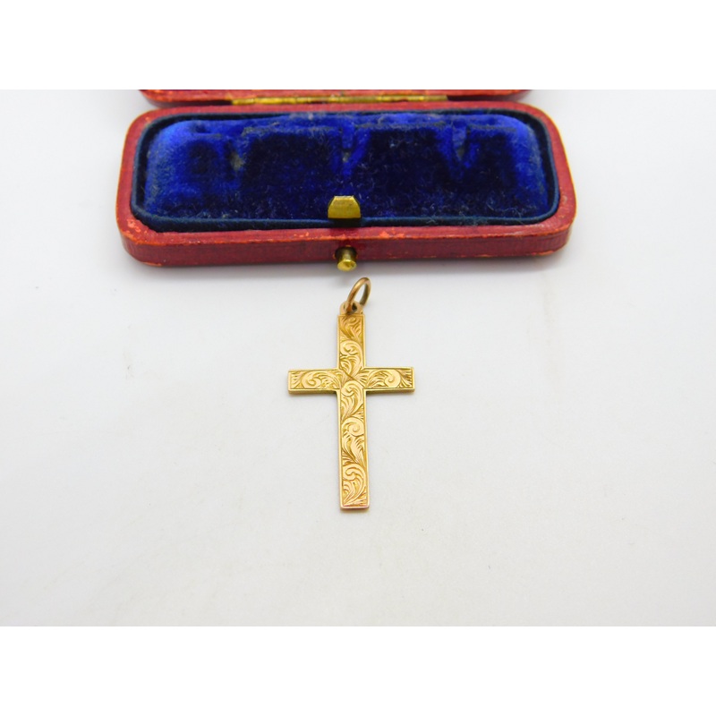9ct Gold Floral Swirl Pattern Cross Pendant Antique 1918 Birmingham Art Deco