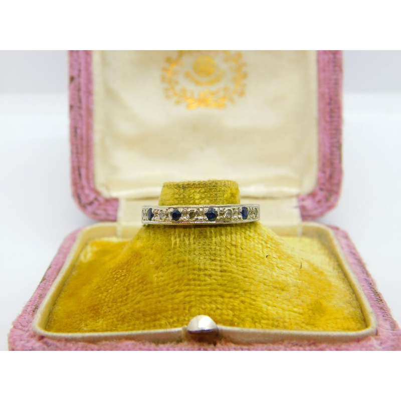 9ct White Gold, Diamond & Sapphire Half Eternity Ring 1966 London Vintage
