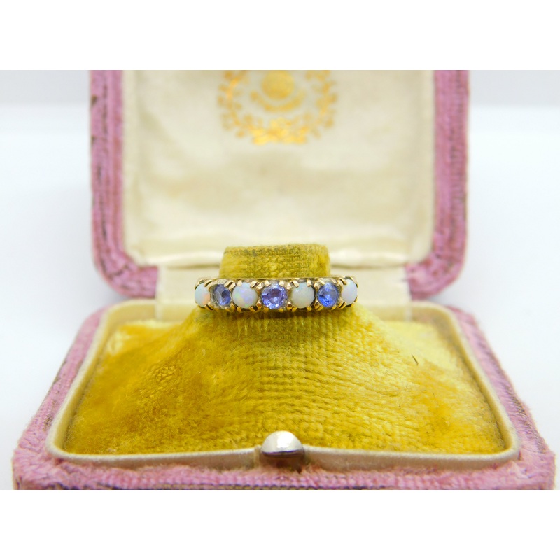 9ct Yellow Gold, Amethyst & Opal Half Eternity Ring Vintage 1978 London
