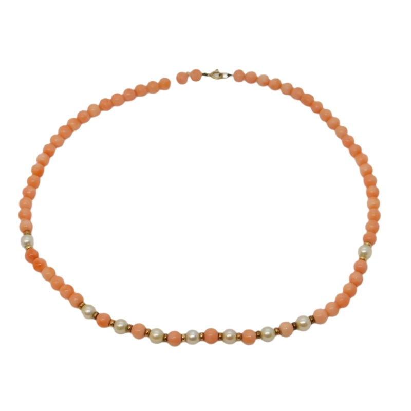 9ct Yellow Gold, Angel Skin Coral & Pearl Beaded Necklace Vintage c1970