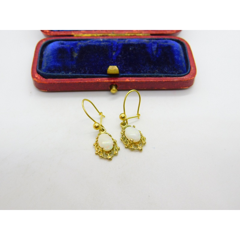 9ct Yellow Gold & Cabochon Opal Set Floral Hook Earrings 1979 London Vintage
