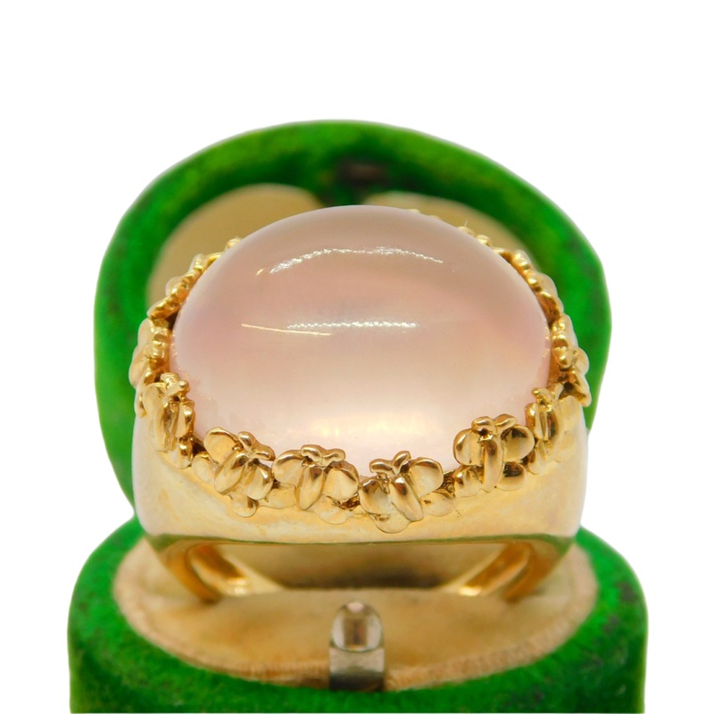 9ct Yellow Gold Cabochon Rose Quartz Statement Ring Vintage 1988 London